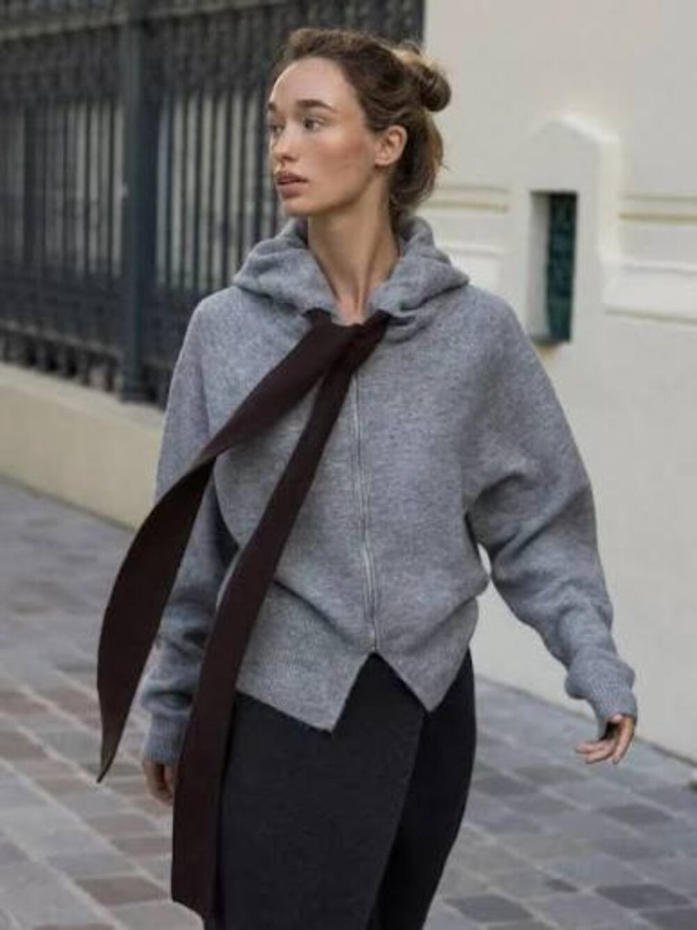 Zara Drawstring Knit Hoodie Jacket - Grey with Long Brown Drawstrings - S